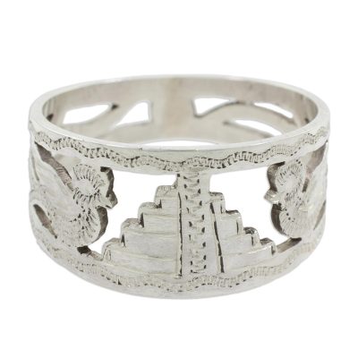 Sterling silver ring, 'Quetzales of Tikal' - Sterling Silver Band Ring with Quetzal Birds and Maya Temple