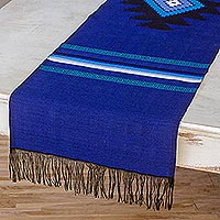 Cotton table runner, 'Blue Totonicapan Sun'