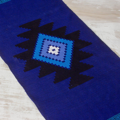 Cotton table runner, 'Blue Totonicapan Sun' - Cotton table runner