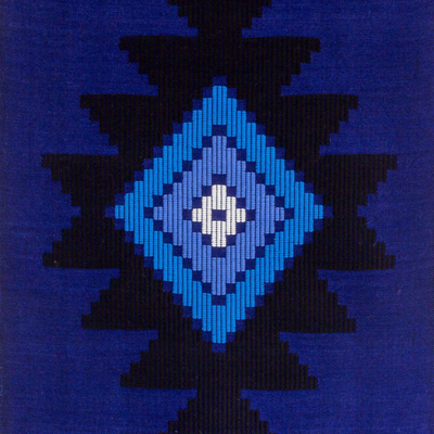 Cotton table runner, 'Blue Totonicapan Sun' - Cotton table runner