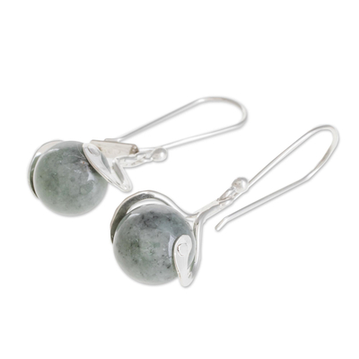 Jade dangle earrings, 'Pale Maya World' - Unique Modern Sterling Silver Dangle Jade Earrings