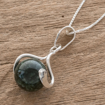 Jade pendant necklace, 'Dark Maya World' - Hand Made Modern Sterling Silver Pendant Jade Necklace