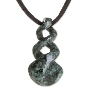 Jade pendant necklace,'Swirling Seas' - Hand Crafted Modern Leather Cord Jade Necklace