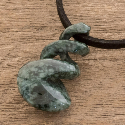 Jade pendant necklace,'Swirling Seas' - Hand Crafted Modern Leather Cord Jade Necklace