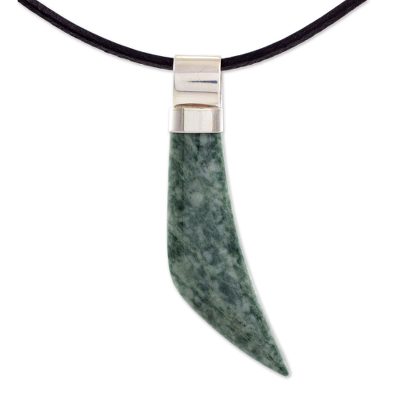 Men's light green jade pendant necklace, 'Jaguar Fang' - Men's light green jade pendant necklace