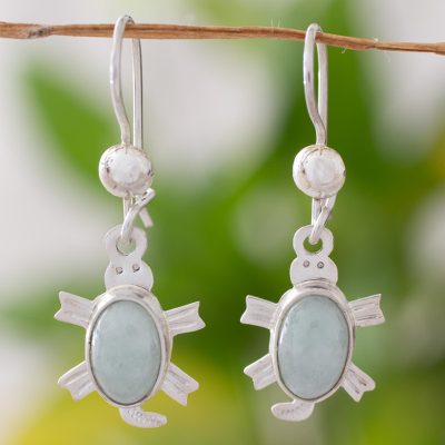 Light green jade dangle earrings, 'Marine Turtles' - Light green jade dangle earrings