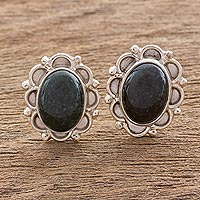 Jade button earrings, 'Dark Green Princess of the Forest' - Jade button earrings