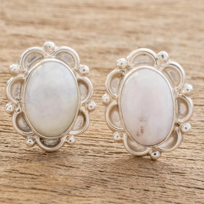 Jade button earrings, 'Lilac Princess of the Forest' - Floral Sterling Silver Button Jade Earrings