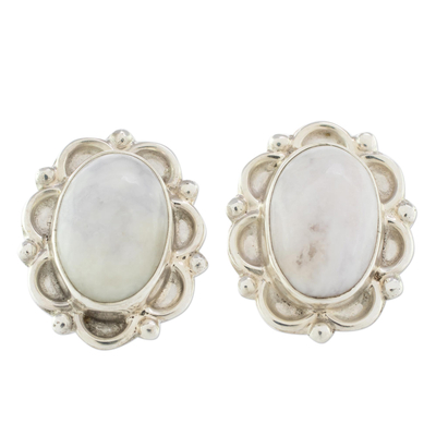 Jade button earrings, 'Lilac Princess of the Forest' - Floral Sterling Silver Button Jade Earrings