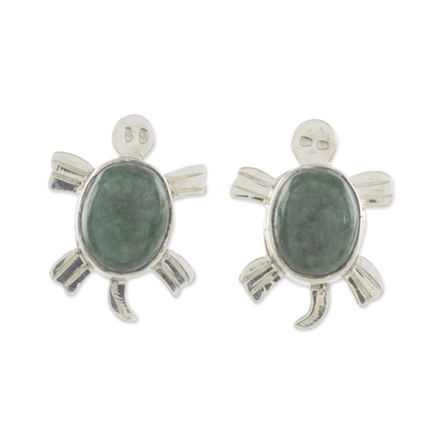 Jade button earrings, 'Marine Turtles' - Jade button earrings