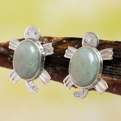 Light green jade button earrings, 'Marine Turtles' - Light green jade button earrings