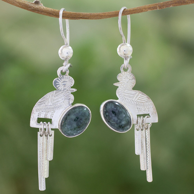 Jade dangle earrings, 'Quetzal Flight' - Handcrafted Sterling Silver Dangle Jade Bird Earrings