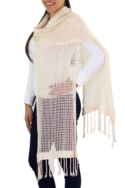Cotton scarf, 'Ivory Lattice' - Hand Made Natural Cotton Scarf