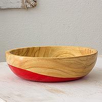 Wood bowl, 'Spicy Red' (medium) - Dip Painted Hand Carved Wood Bowl (Medium)