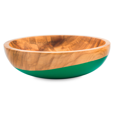 Wood bowl, 'Spicy Green' (medium) - Dip Painted Hand Carved Wood Bowl (Medium)