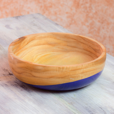 Wood bowl, 'Spicy Blue' (medium) - Dip Painted Hand Carved Wood Bowl (Medium)