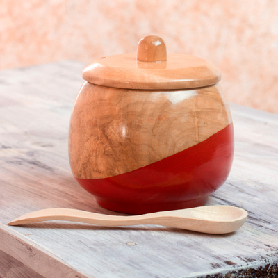 Wood sugar bowl, 'Sweet Red' - Dip Painted Hand Carved Wood Sugar Bowl