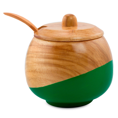 Wood sugar bowl, 'Sweet Green' - Dip Painted Hand Carved Wood Sugar Bowl
