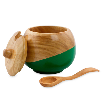 Wood sugar bowl, 'Sweet Green' - Dip Painted Hand Carved Wood Sugar Bowl
