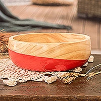 Wood bowl, 'Spicy Red' (large) - Dip Painted Hand Carved Wood Bowl (large)