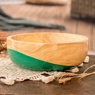 Wood bowl, 'Spicy Green' (large) - Dip Painted Hand Carved Wood Bowl (large)