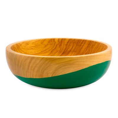 Wood bowl, 'Spicy Green' (large) - Dip Painted Hand Carved Wood Bowl (large)