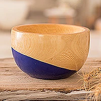 Wood bowl, 'Spicy Blue' (small) - Dip Painted Hand Carved Wood Bowl (Small)