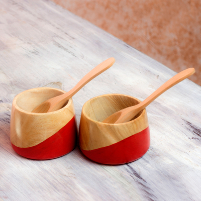 Wood salsa bowls, 'Spicy Red' (pair) - Salsa Bowls and Spoons Hand Crafted (pair)