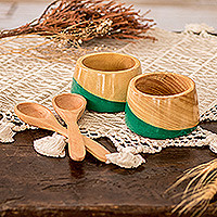 Wood salsa bowls, 'Spicy Green' (pair) - Salsa Bowls and Spoons Hand Crafted (pair)