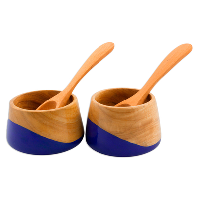 Wood salsa bowls, 'Spicy Blue' (pair) - Salsa Bowls and Spoons Hand Crafted (pair)