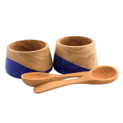 Wood salsa bowls, 'Spicy Blue' (pair) - Salsa Bowls and Spoons Hand Crafted (pair)