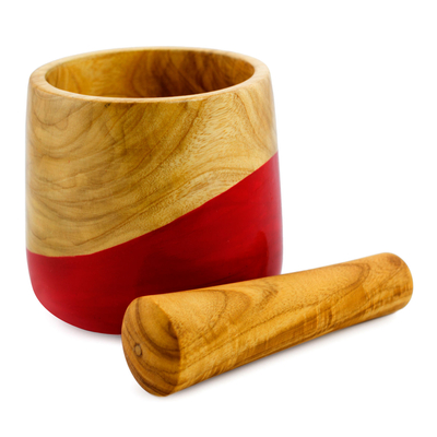 Wood mortar and pestle, 'Spicy Red' - Dip Painted Hand Carved Wood Mortar