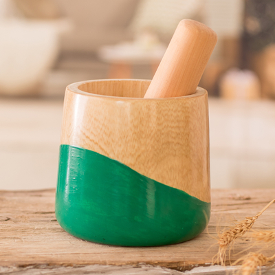 Wood mortar and pestle, 'Spicy Green' - Dip Painted Hand Carved Wood Mortar
