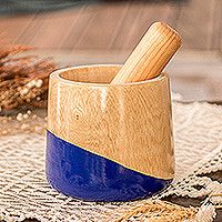 Wood mortar and pestle, 'Spicy Blue' - Dip Painted Hand Carved Wood Mortar