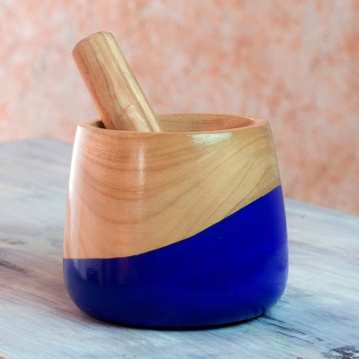 Wood mortar and pestle, 'Spicy Blue' - Dip Painted Hand Carved Wood Mortar