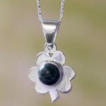 Jade pendant necklace, 'Dark Green Clover' - Green Jade Clover Pendant Necklace Silver 925