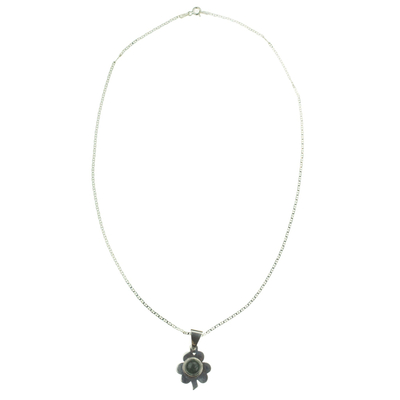 Jade pendant necklace, 'Dark Green Clover' - Green Jade Clover Pendant Necklace Silver 925