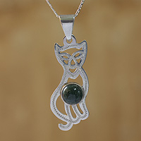 Jade pendant necklace, 'Mystic Green Cat'