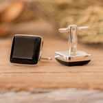 Black jade cufflinks, 'Maya Minimalist' - Black jade cufflinks