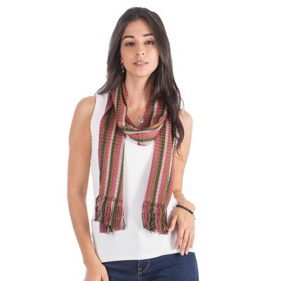 Cotton scarf, 'Day in the Country' - Backstrap Loom Handwoven Brown Green Pink Cotton Scarf