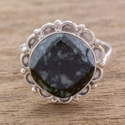 Jade cocktail ring, 'Dark Forest Moon' - Handcrafted Sterling Silver Jade Cocktail Ring
