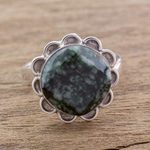Jade cocktail ring, 'Dark Sunflower' - Handcrafted Dark Green Jade and Silver Floral Ring
