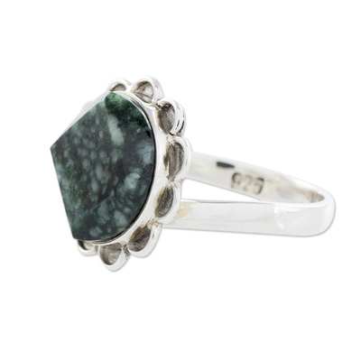 Jade cocktail ring, 'Dark Sunflower' - Handcrafted Dark Green Jade and Silver Floral Ring