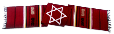 Cotton table runner, 'Star of David on Red' - Hand Loomed Cotton Table Runner