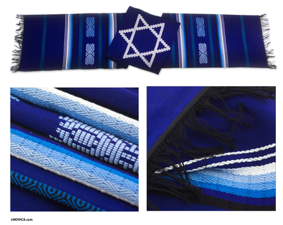 Cotton table runner, Star of David on Blue