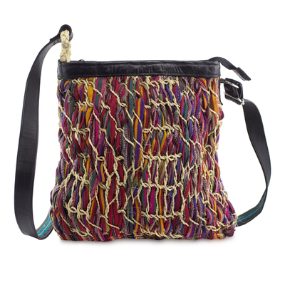 Cotton Shoulder Bag with Leather and Jute Accents - Crimson Rhapsody ...