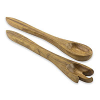 Wood salad serving set, 'Forest Chic' (pair) - Artisan Crafted Parota Wood Salad Fork and Spoon Serving Set