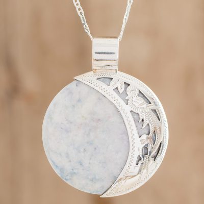 Reversible jade pendant necklace, 'Quetzal Eclipse' - Maya Eclipse Pendant Lilac and Green Jade on Silver Jewelry