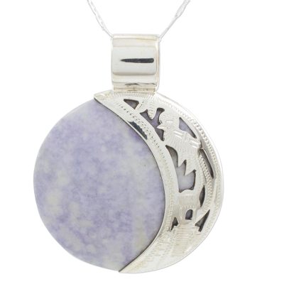 Reversible jade pendant necklace, 'Quetzal Eclipse' - Maya Eclipse Lilac and Green Jade Pendant Necklace