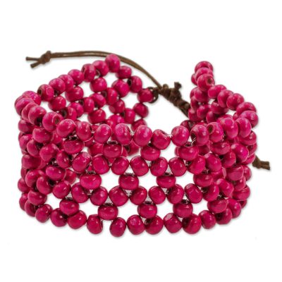 Wood beaded wristband bracelet, 'Soul Star' - Fair Trade Magenta Wood Beaded Wristband Bracelet